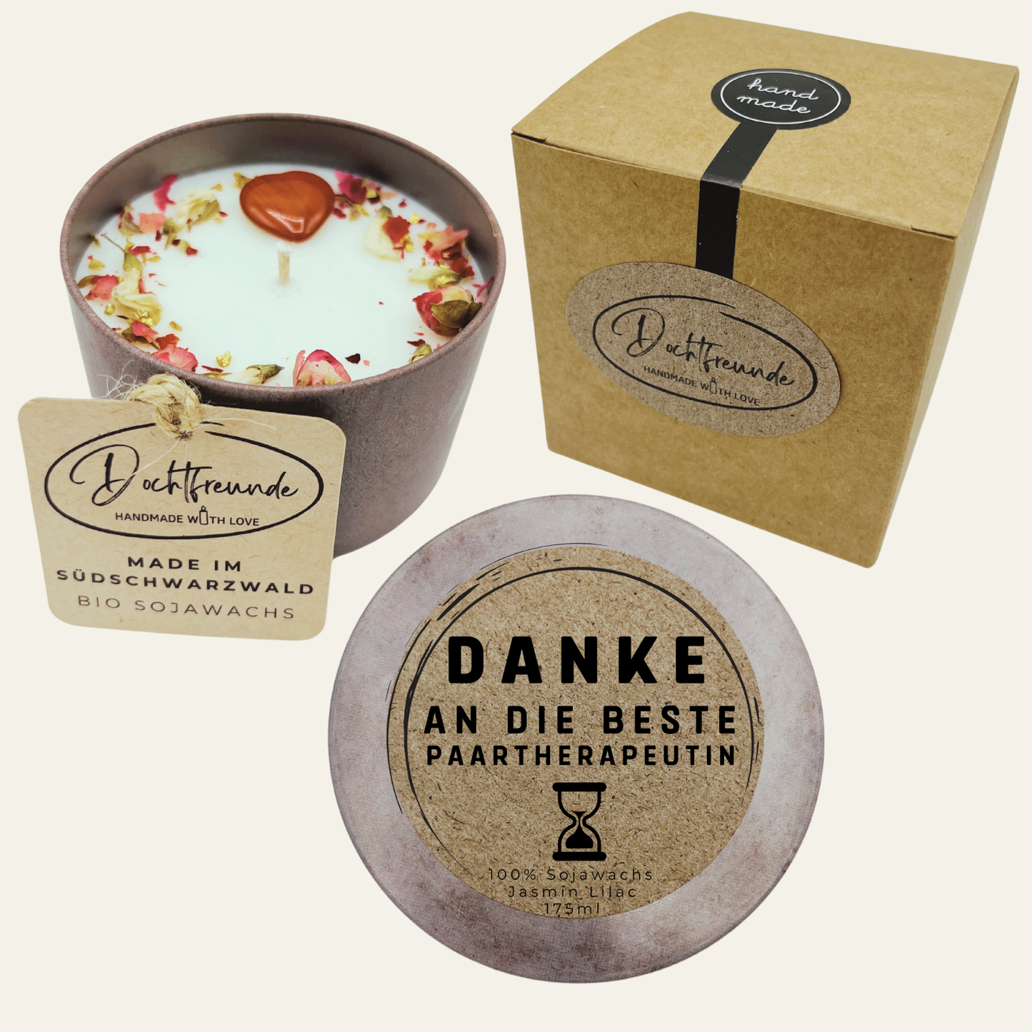 Handgemachte Duftkerze „Danke Beste Paartherapeutin“ – Personalisierbares Geschenk für Unterstützung
