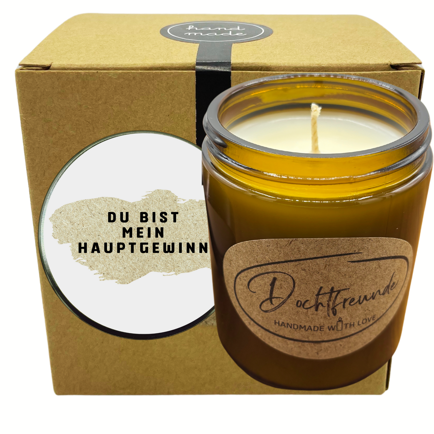 Du bist mein Hauptgewinn: Kreative Premium RUBBELKERZE mit verdeckter BOTSCHAFT Duftkerze im Glas mit PERSONALISIERBAREM Kerzendeckel