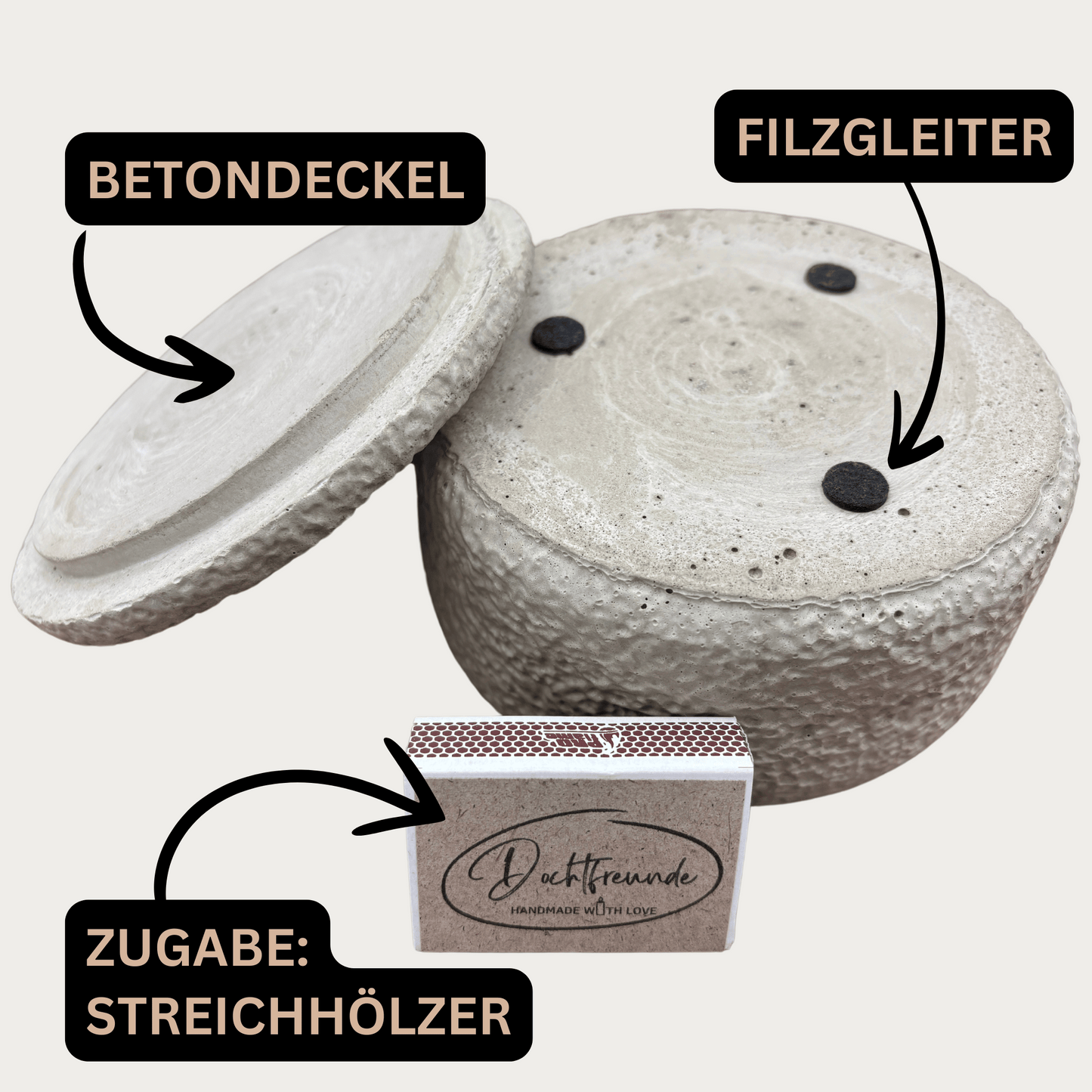 Limitierte Einzelstücke: Outdoor Citronella-Betonkerze „Mugge Schreck“ – Handgemachter Insektenschutz aus dem Südschwarzwald mit Blütenverzierung