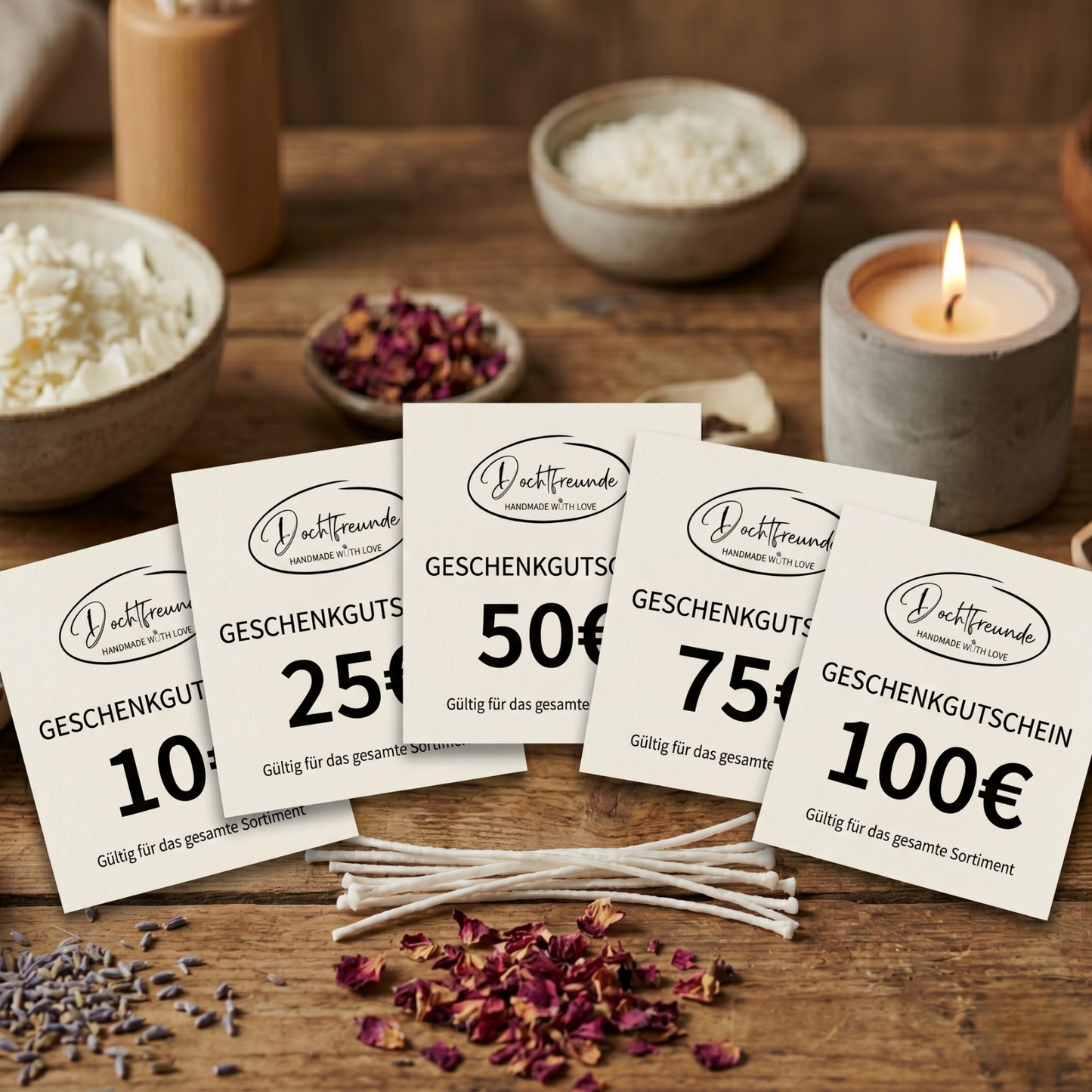 Gutscheine von 10-100€ für den DochtFreunde Onlineshop einlösbar, schnelles Geschenk für kurzfristige