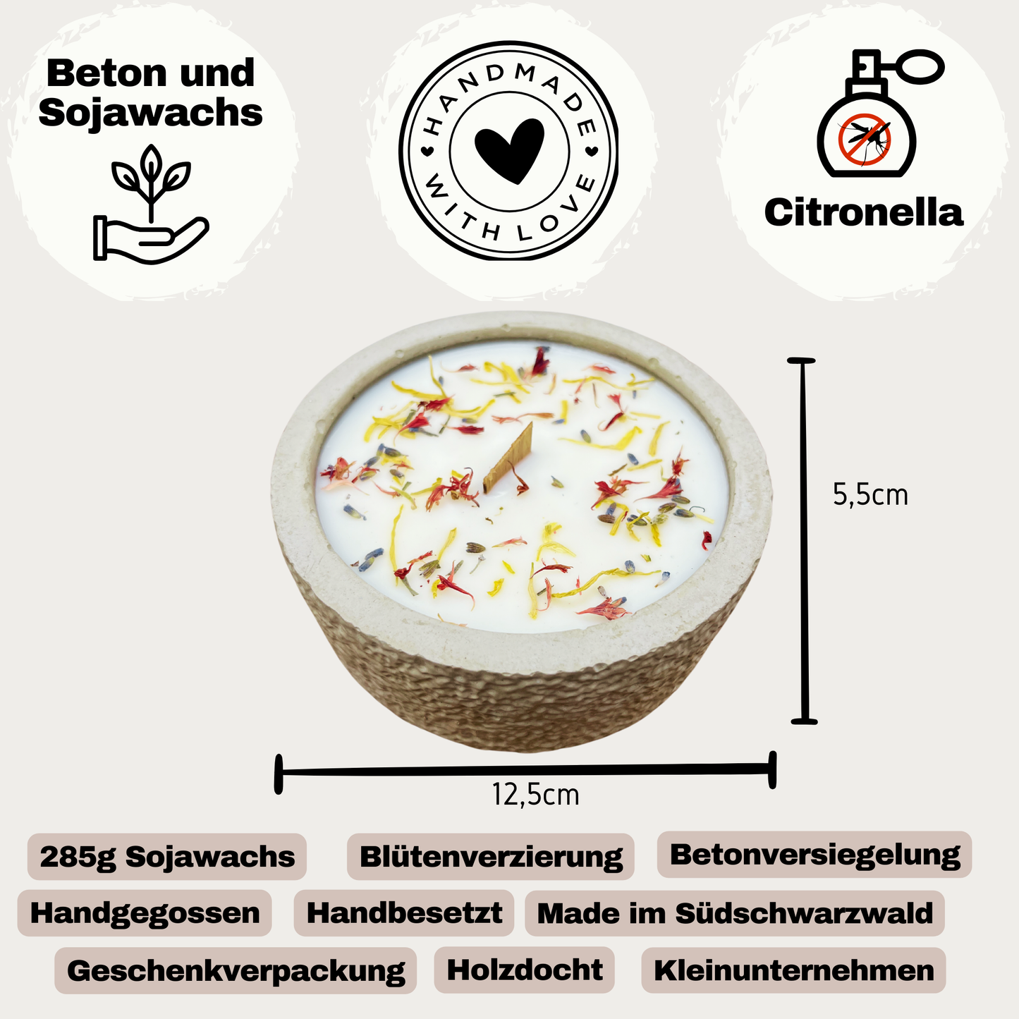 Limitierte Einzelstücke: Outdoor Citronella-Betonkerze „Mugge Schreck“ – Handgemachter Insektenschutz aus dem Südschwarzwald mit Blütenverzierung