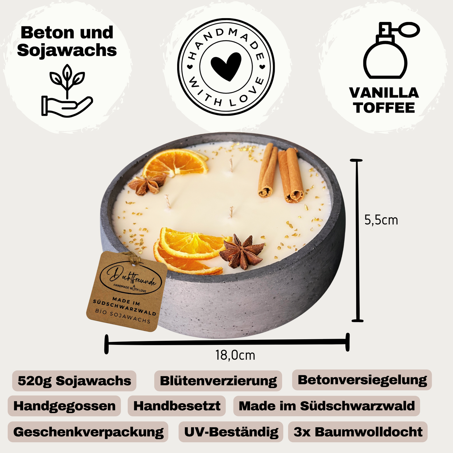 Handgemachte Betonkerze "Big Black" Duft Vanilla Toffee von DochtFreunde