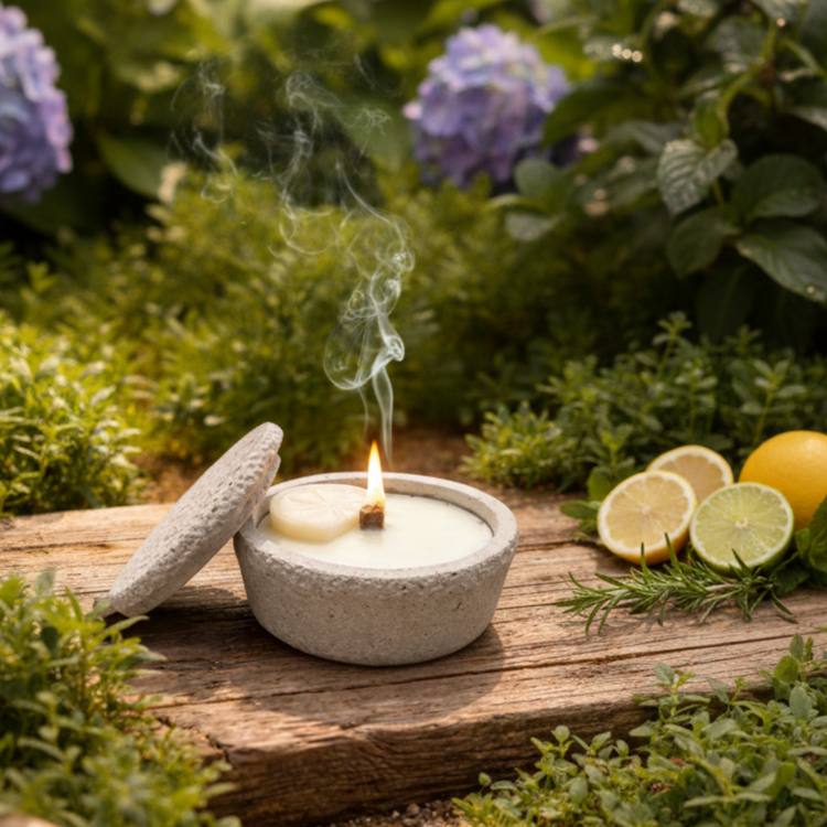 DochtFreunde Wachsfresser aus grauem Beton mit brennendem Holzdocht auf einer rustikalen Holzoberfläche im Garten. Sommerliche Szene mit Zitronenscheiben, Limetten und lila Hortensien im Hintergrund.