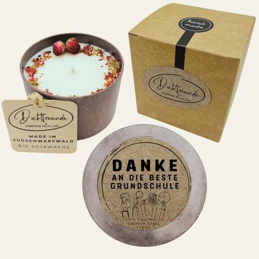 Handgemachte Duftkerze „Danke Beste Grundschullehrerin“ – Personalisierbares Geschenk für Hingabe