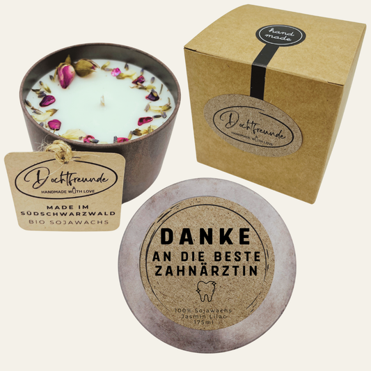 Handgemachte Duftkerze „Danke Beste Zahnärztin“ – Personalisierbares Geschenk für besondere Arbeit