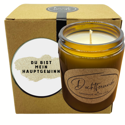Du bist mein Hauptgewinn: Kreative Premium RUBBELKERZE mit verdeckter BOTSCHAFT Duftkerze im Glas mit PERSONALISIERBAREM Kerzendeckel 