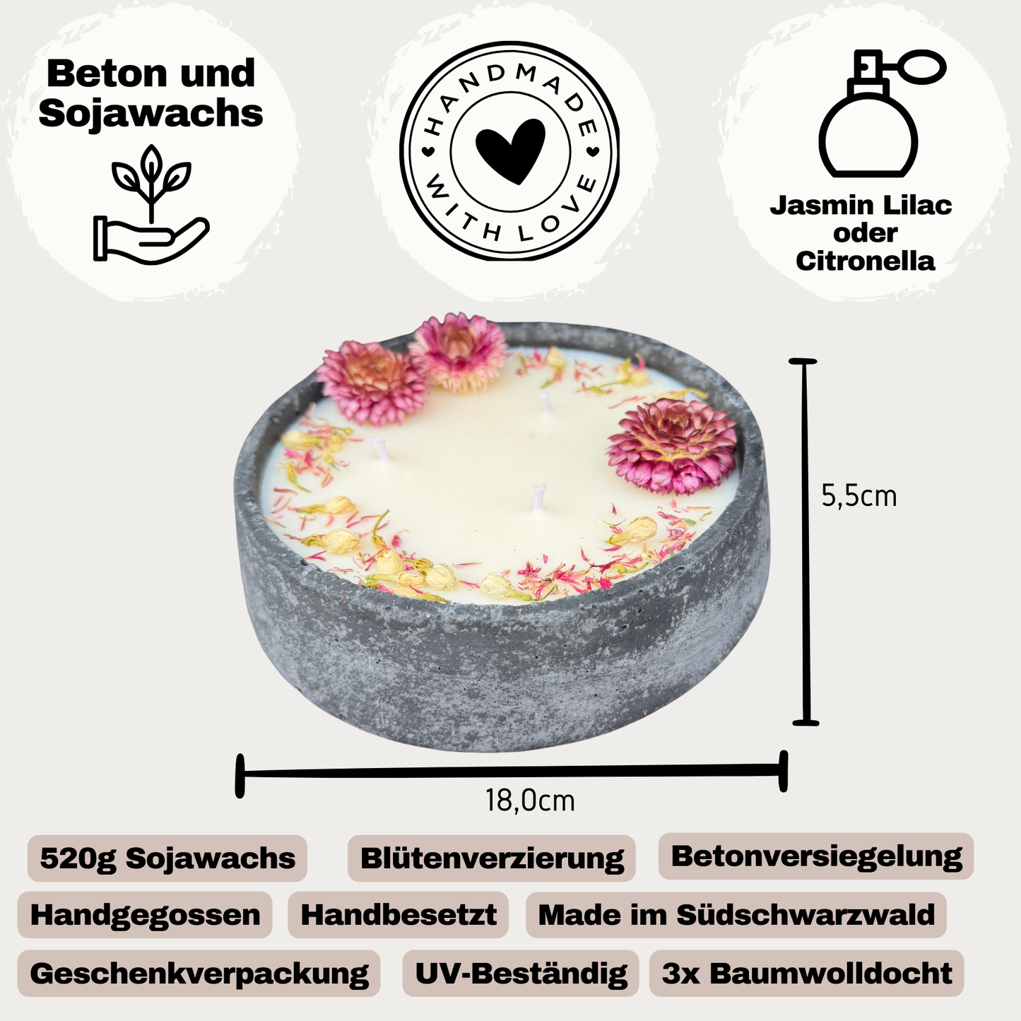 XL Betonkerze "Big Bloom" – 3-Docht & Blüten | 18cm | Handgegossen