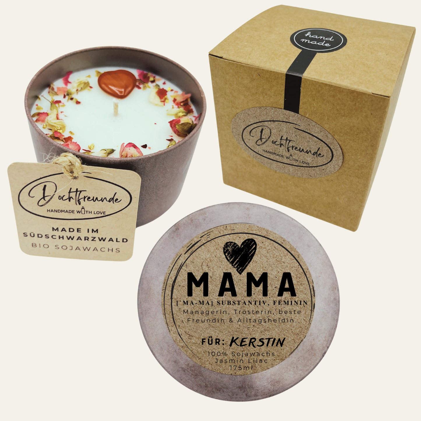 Personalisierte Muttertagskerze mit Namen | Geschenk für Mama, Oma & Uroma | 100% Sojawachs im Sketch-Look | Handgefertigt im Schwarzwald | Jasmin Lilac 175ml