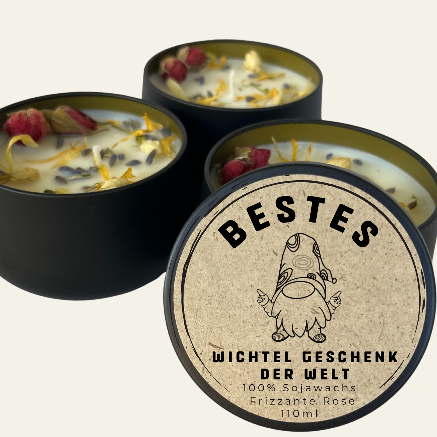 Personalisierbares Duftkerzen-Set als Weihnachts-, Wichtel- oder Jahresgeschenk für Mitarbeiter oder Arbeitskollegen – Handgemacht mit getrockneten Blüten aus dem Südschwarzwald - Einzeln verpackt