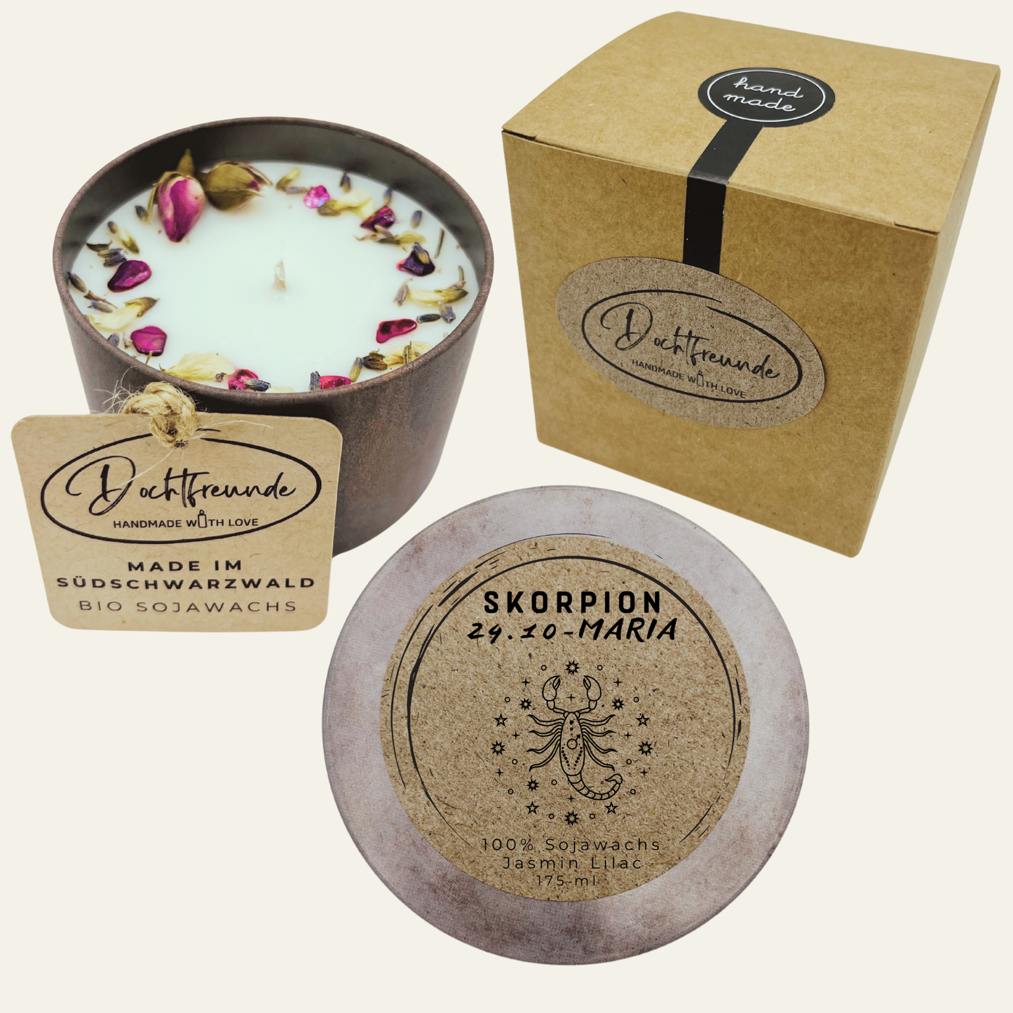 Sternzeichen Duftkerze personalisiert mit Name & Geburtsdatum | Edle Zodiac Kerze im Sketch-Look | 100% Sojawachs | Handgefertigt im Schwarzwald