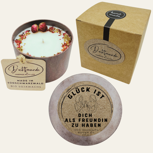 Personalisierte Duftkerze mit Deckel Handbesetzt „Glück ist dich als Freundin zu haben“ – Geschenk Handmade im Südschwarzwald