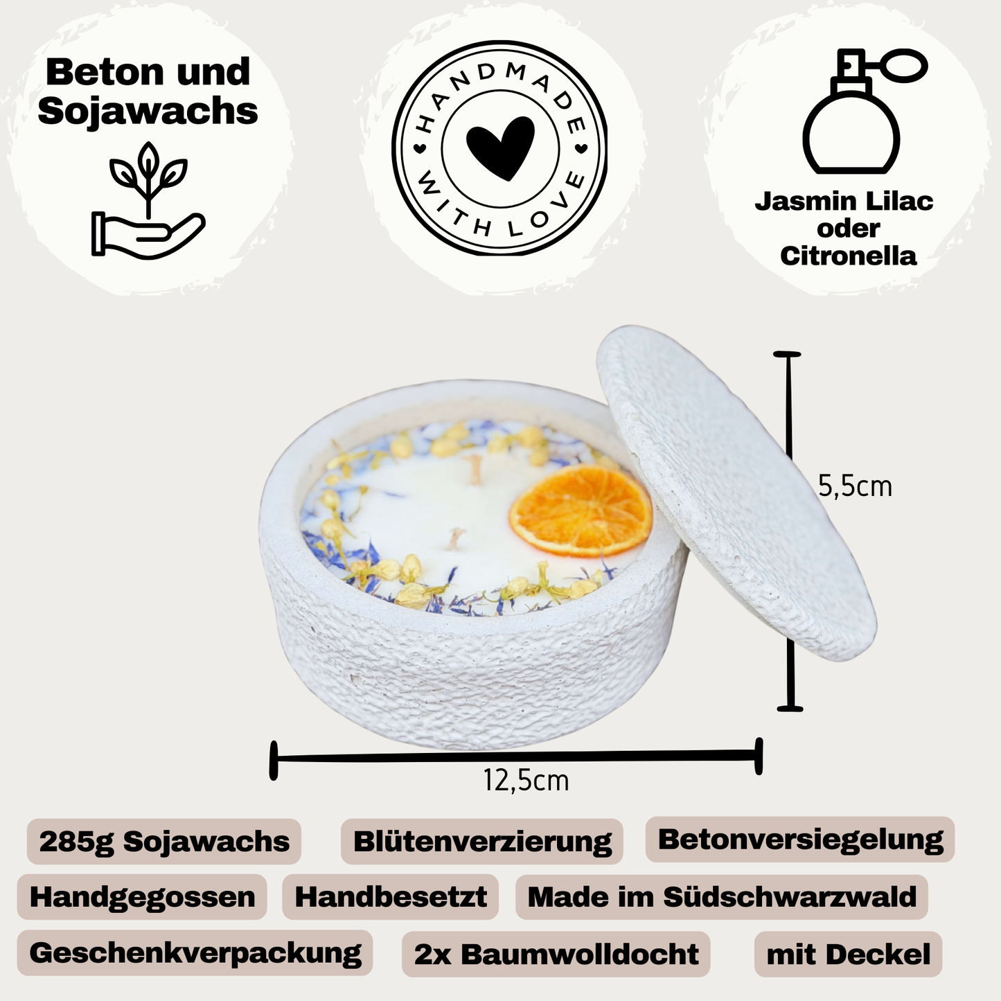 Betonkerze mit Deckel "Grey Secret" | 2-Docht & Orange | 12,5cm