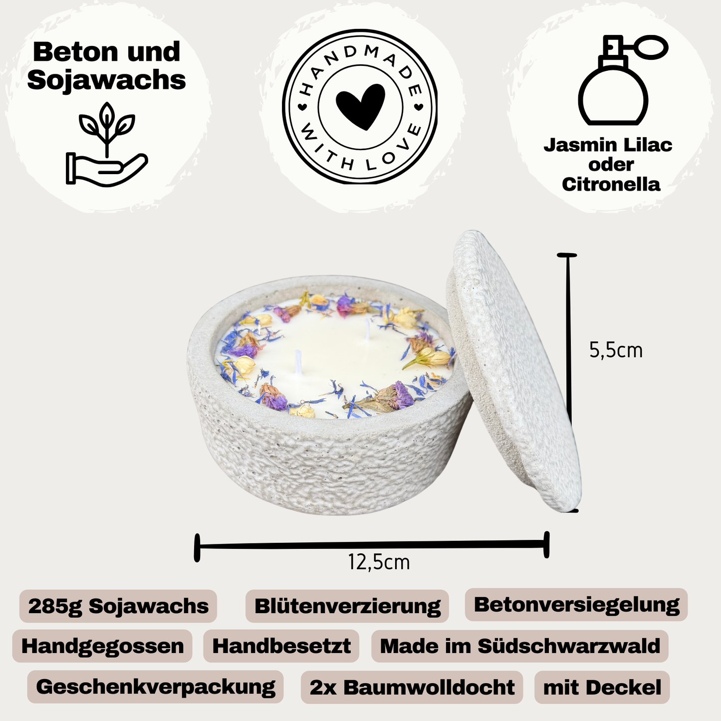 Betonkerze mit Deckel "Grey Dream" – 2-Docht & blaue Blüten | 12,5cm