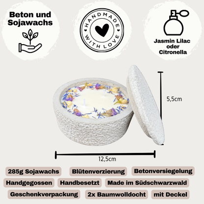 Betonkerze mit Deckel "Grey Dream" – 2-Docht & blaue Blüten | 12,5cm