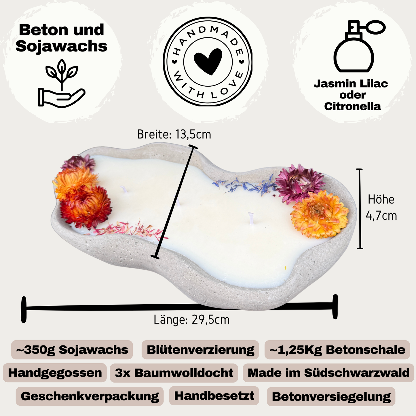 Design-Betonkerze "Grey Wave" – Flower Edition | 3-Docht & Bunt | 29,5cm