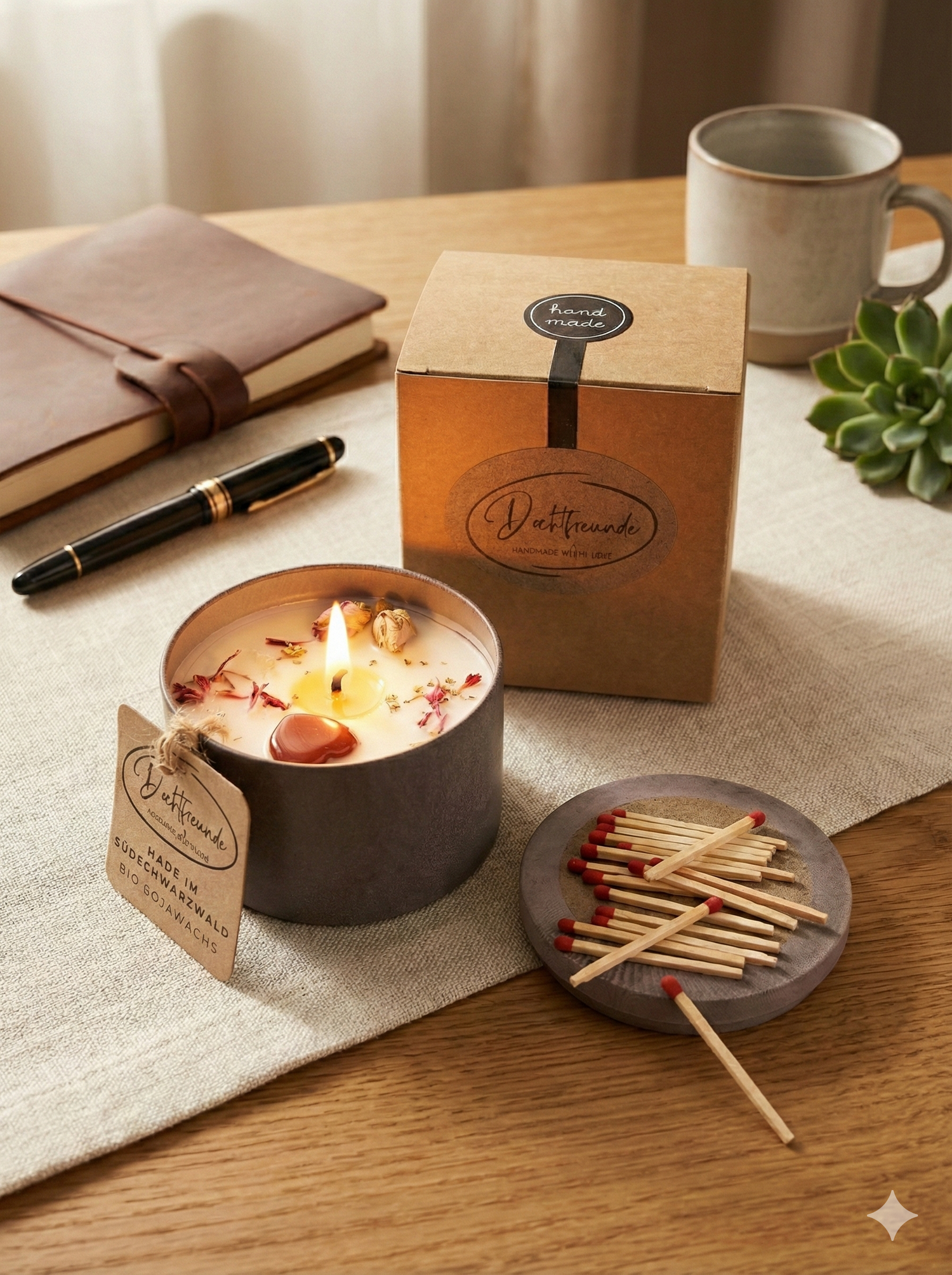 Handgefertigte Bio-Sojawachs-Kerze der Marke Dochtfreunde in einem grauen Gefäß, dekoriert mit Trockenblumen und einem roten Edelstein. Die Kerze brennt mit warmer Flamme auf einem Holzschreibtisch neben einer Kraftpapier-Geschenkbox, Streichhölzern, einem Leder-Notizbuch und einem Füller – ideal als hochwertiges Firmengeschenk