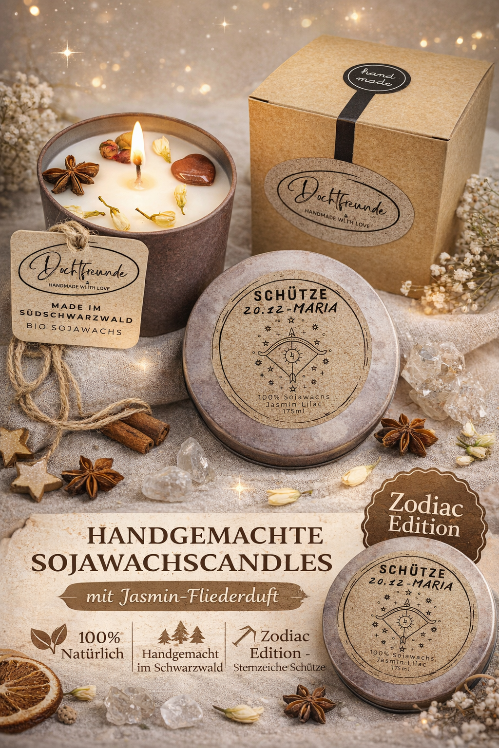 Handgemachte Sojawachskerze von DochtFreunde in Metalldose mit Sternzeichen Schütze, dekoriert mit Blüten und Naturmaterialien, inklusive Geschenkbox, Bio-Sojawachs aus dem Schwarzwald