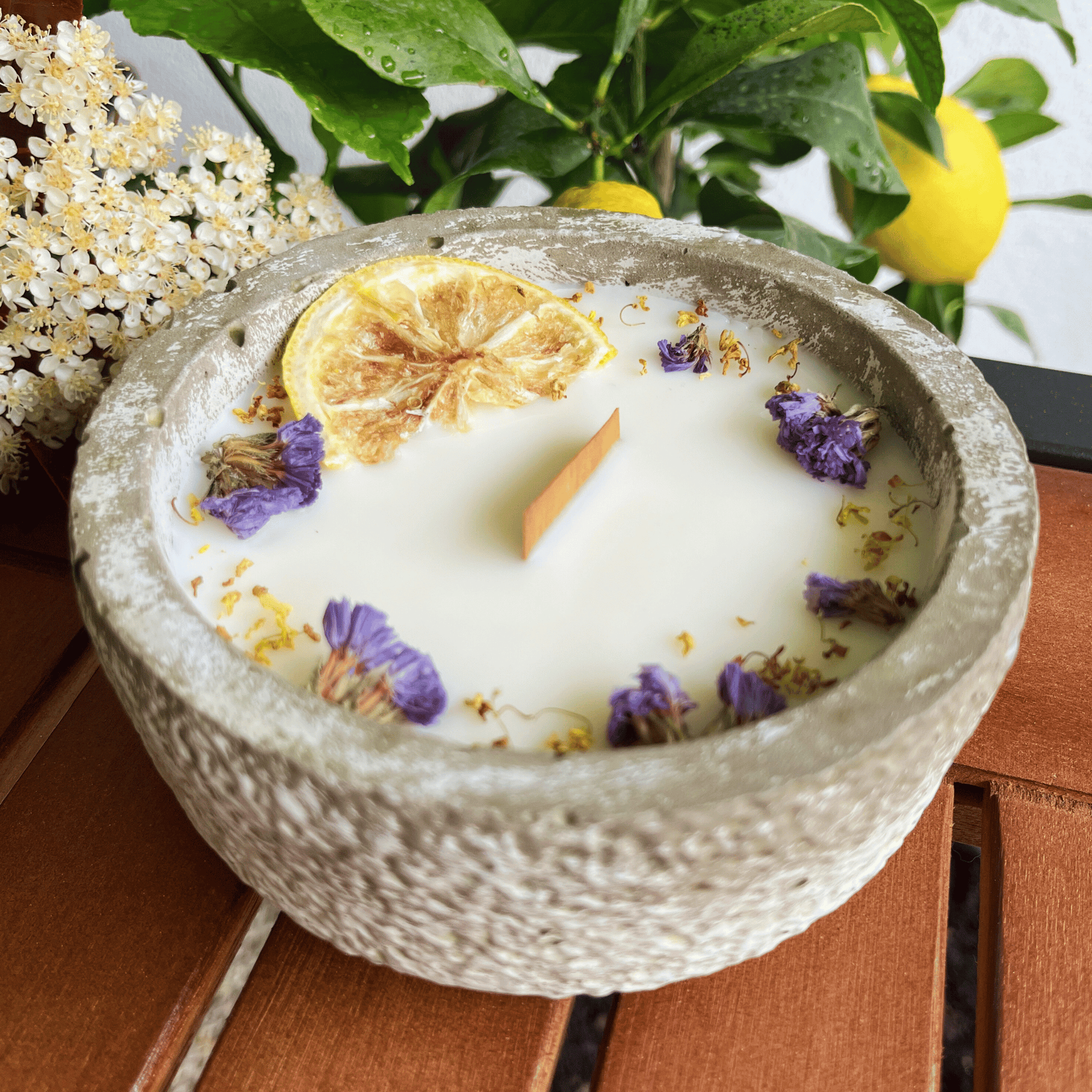 Limitierte Einzelstücke: Outdoor Citronella-Betonkerze „Mugge Schreck“ – Handgemachter Insektenschutz aus dem Südschwarzwald mit Blütenverzierung Dochtfreunde