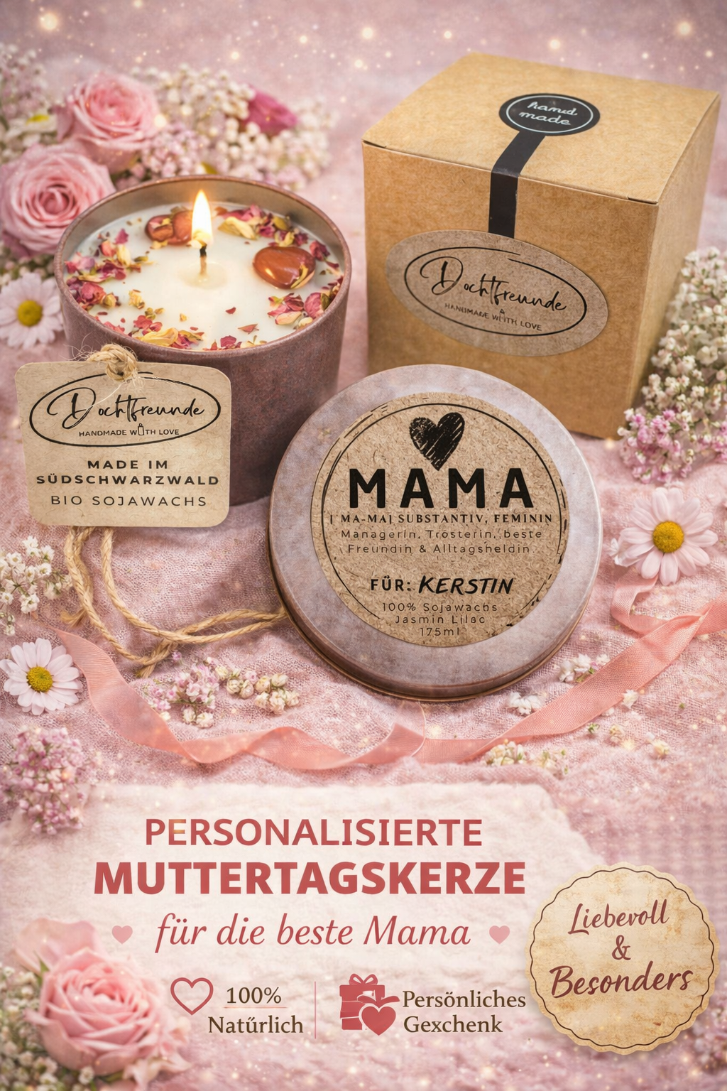 Personalisierte Muttertagskerze „Mama“ von DochtFreunde in Metalldose aus Bio-Sojawachs, dekoriert mit Blüten, mit Namen personalisiert und Geschenkbox – liebevolles Muttertagsgeschenk