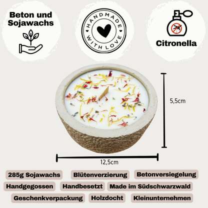 Limitierte Einzelstücke: Outdoor Citronella-Betonkerze „Mugge Schreck“ – Handgemachter Insektenschutz aus dem Südschwarzwald mit Blütenverzierung