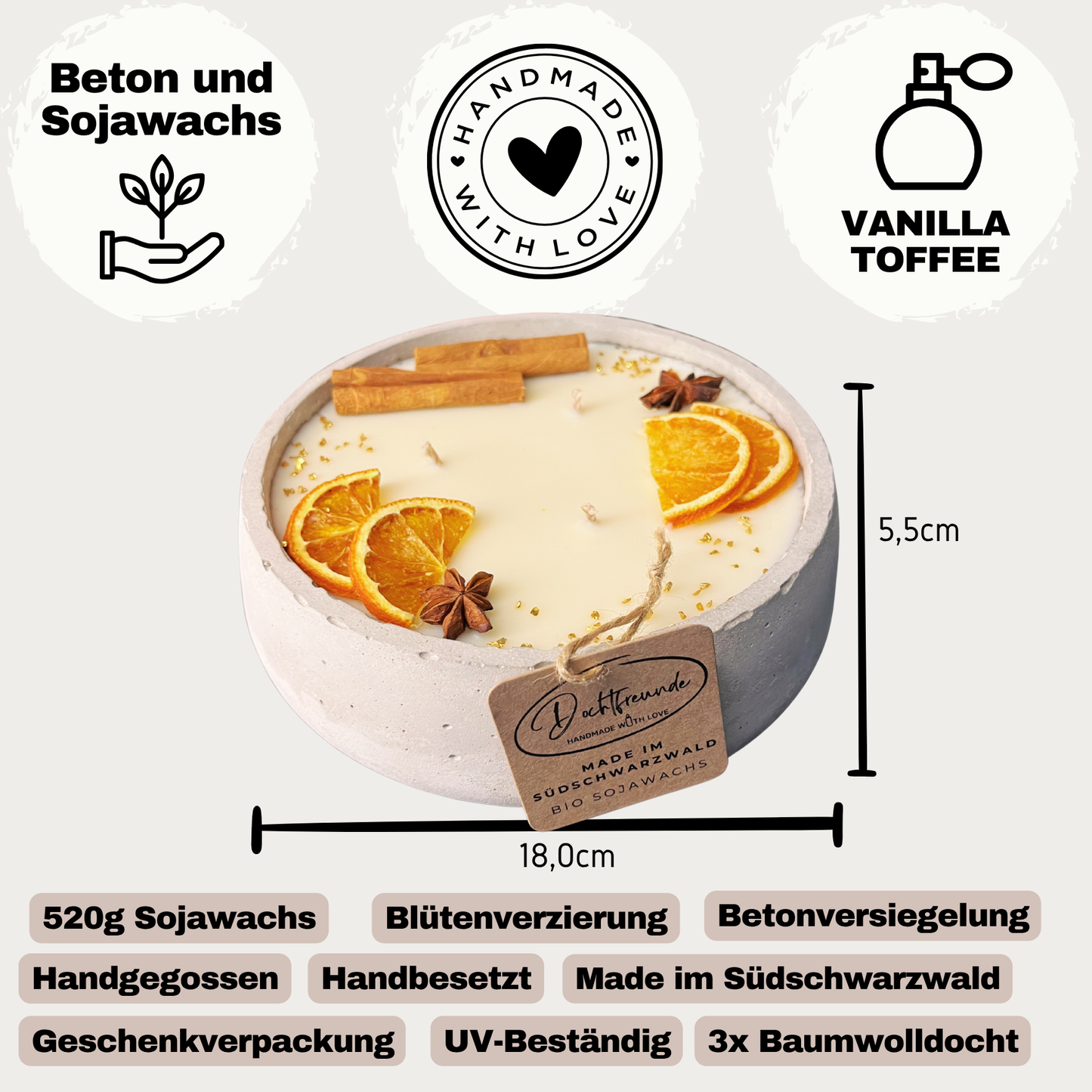 Handgemachte Betonkerze "Big Grey" 3x Baumwolldocht mit Duft Vanilla Toffee von DochtFreunde