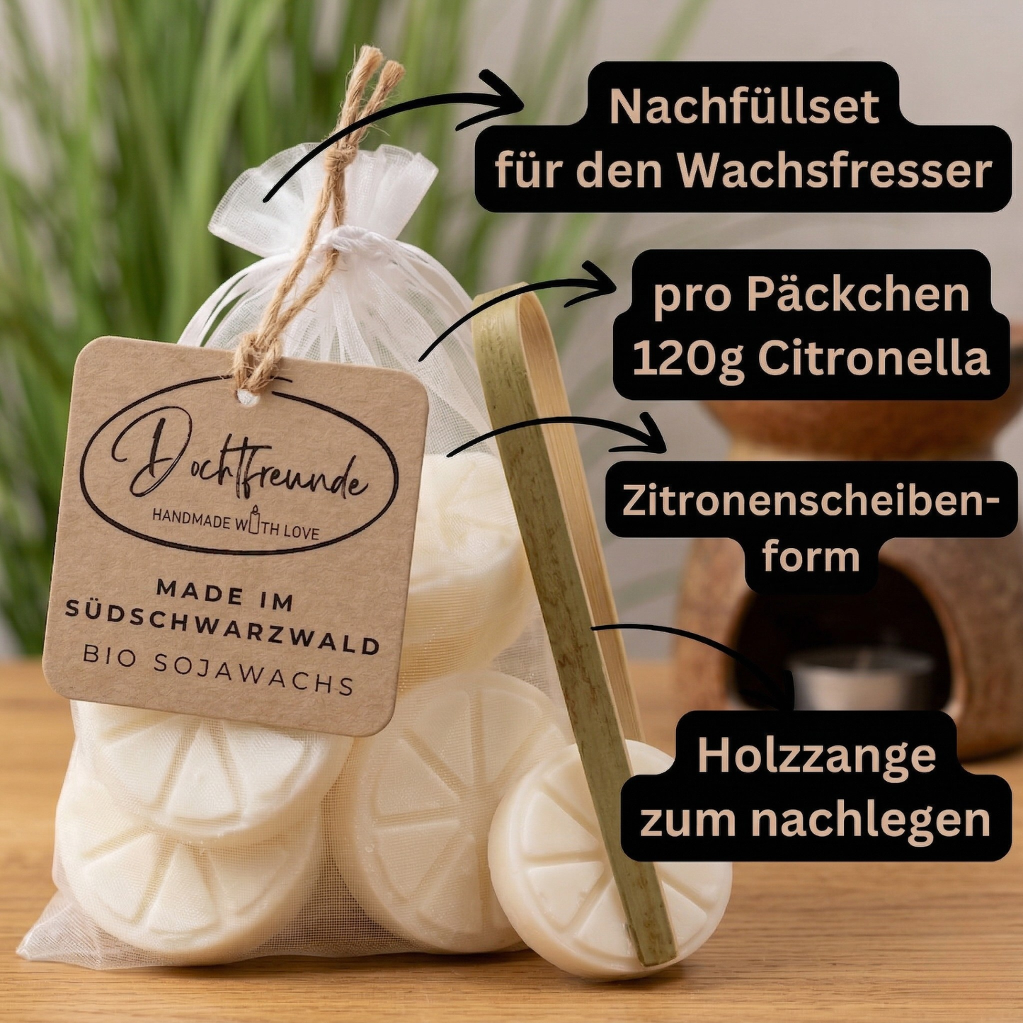 Nachfüllset für den DochtFreunde Wachsfresser (nur mit Dauerdocht) – Citronella Bio-Sojawachs inkl. Holzzange (Wähle deine Menge)