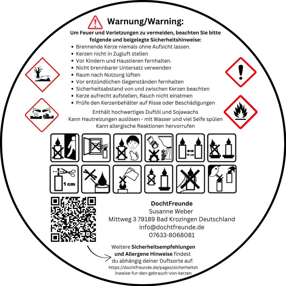 Warnetikett für Duftkerzen mit Sicherheitshinweisen, Gefahrenpiktogrammen, Pflegesymbolen und QR-Code zu den Sicherheitsempfehlungen