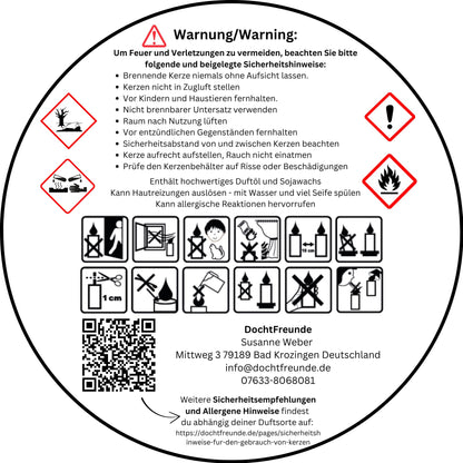 Warnetikett für Duftkerzen mit Sicherheitshinweisen, Gefahrenpiktogrammen, Pflegesymbolen und QR-Code zu den Sicherheitsempfehlungen