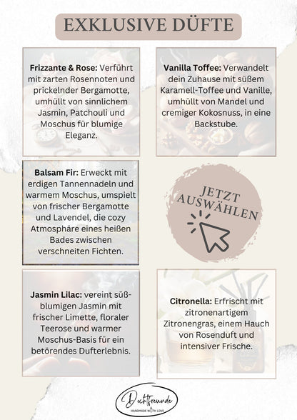 Duftauswahl für Kerzen mit Frizzante & Rose, Vanilla Toffee, Balsam Fir, Jasmin Lilac und Citronella samt Duftbeschreibung